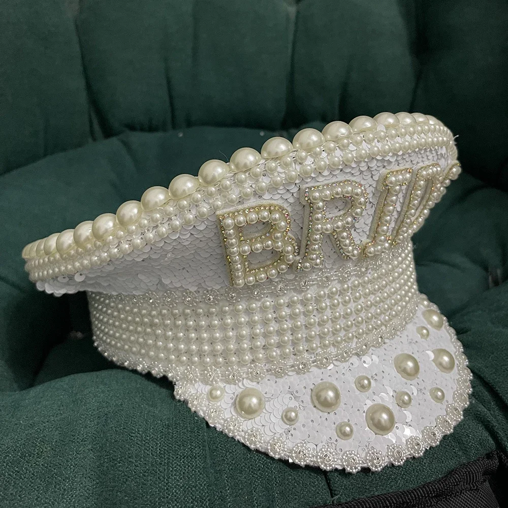 

Handmade Women Military Hat White Sequin Burning Luxury Captain Sergeant Hat Pearl Bride Festival Part Hat 3 Size