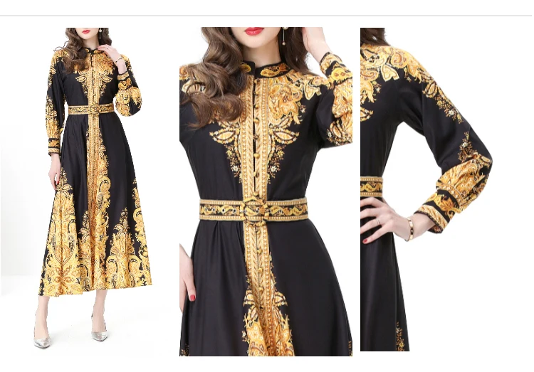 ZAROY Runway Lange Kleider Luxus Frauen Kleidung Vintage Barock Druck Langarm einreiher A-line Maxi Kleid Party Vestido