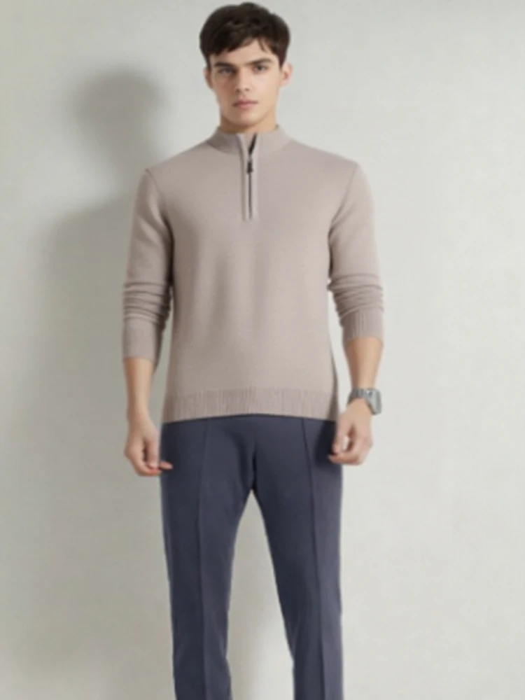 

Mens Knit Sweater New Fashion Half Zip 100% Wool Knitwear Men's Round Neck Casual Thicken Sweaters Pullovers