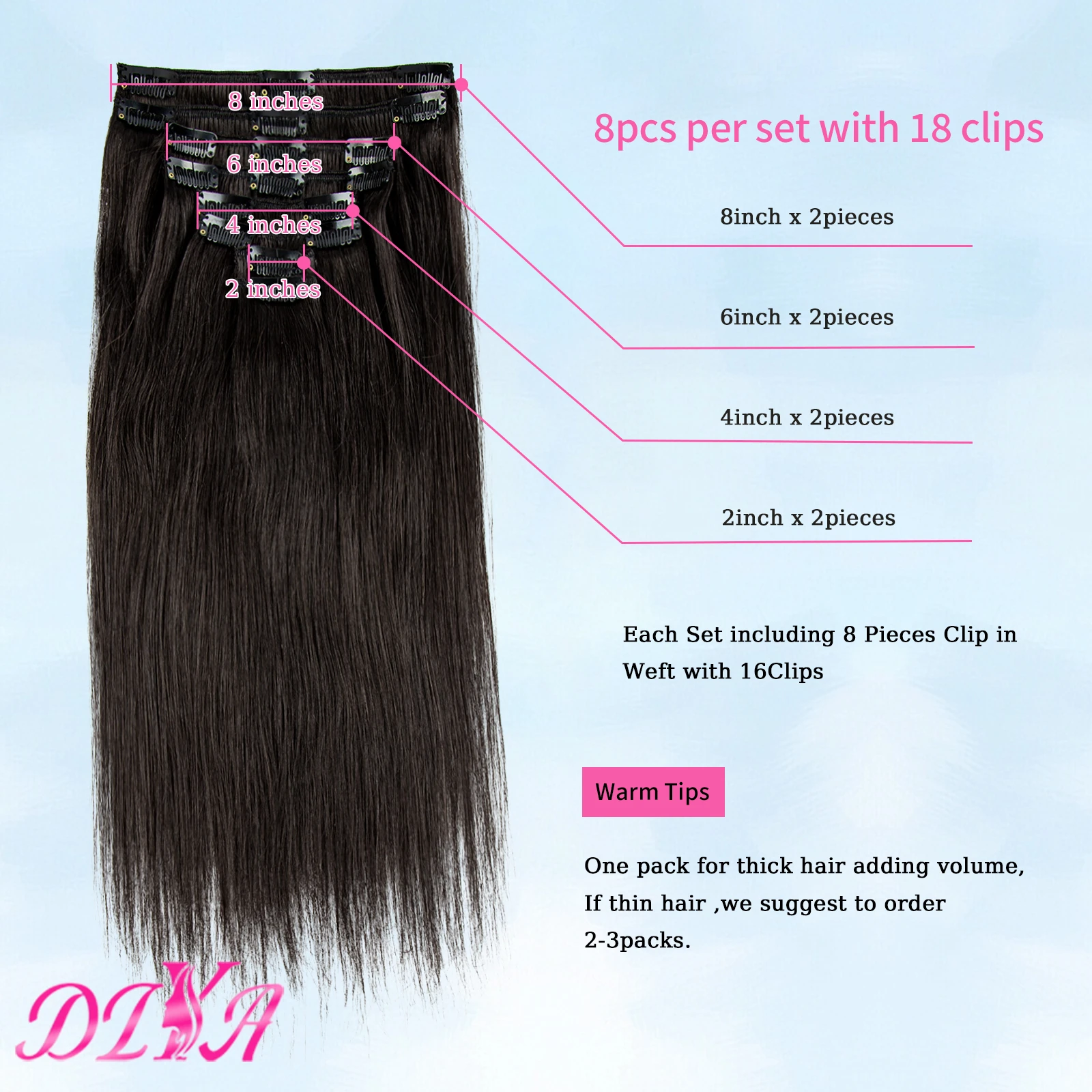 Doczepiane ludzkie włosy Clip In 120G Natural Color Hair Extension Ludzkie włosy 8 szt. Włosy Remy Proste Prawdziwe włosy Clip in