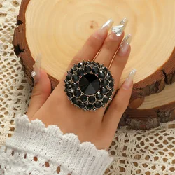 New Unique Boho Black Crystal Stone Ring Big Round Rings For Women Vintage Anillos Female Wedding Party Jewelry Birthday Gift