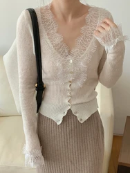 Colorfaith SWC3563JXQ 2023 Korean Chic Vintage Sweater Lace Women Autumn Winter Knitted V-Neck Transparent Cardigans Elegant Top