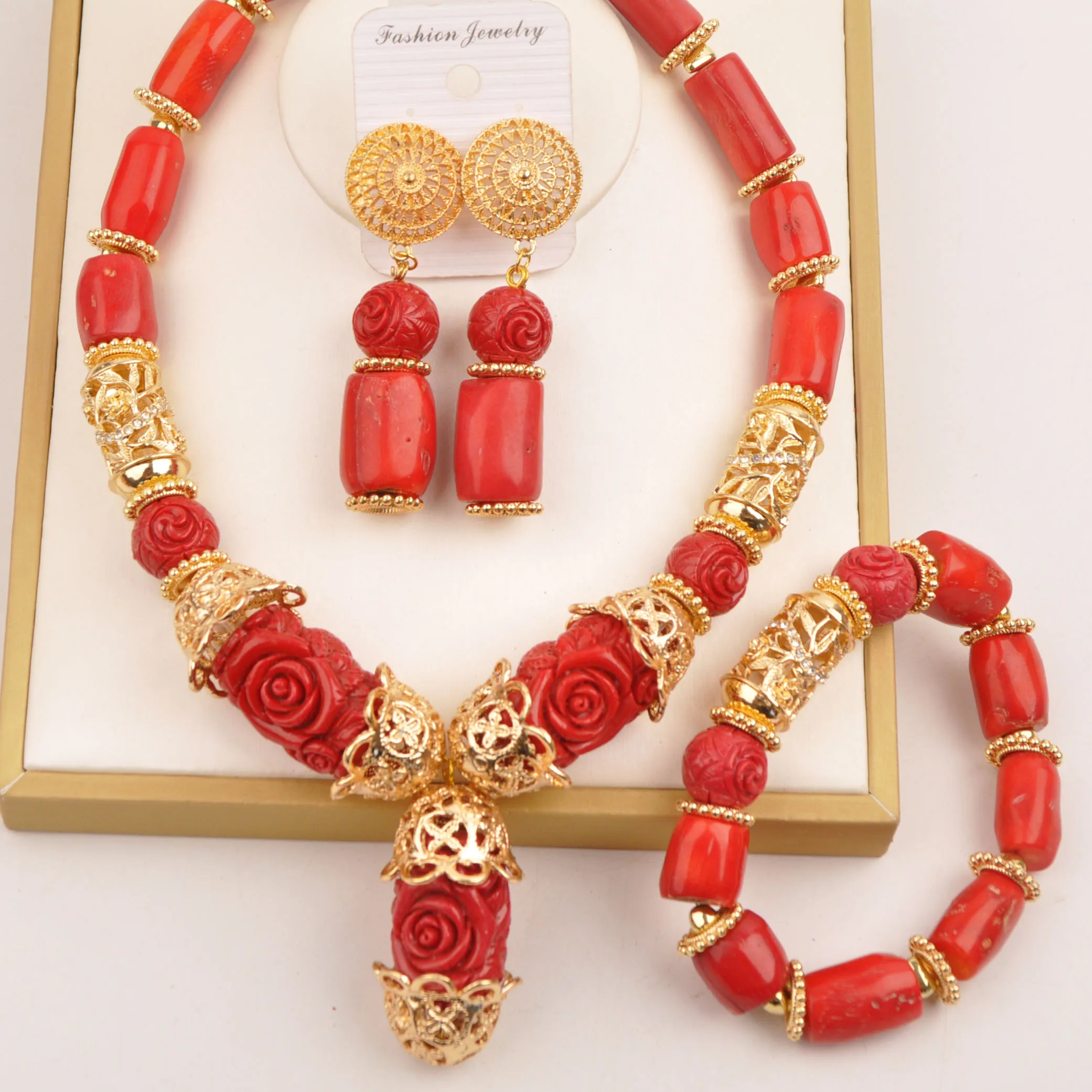 

Red coral bead african necklace nigerian jewelry sets for women weddings