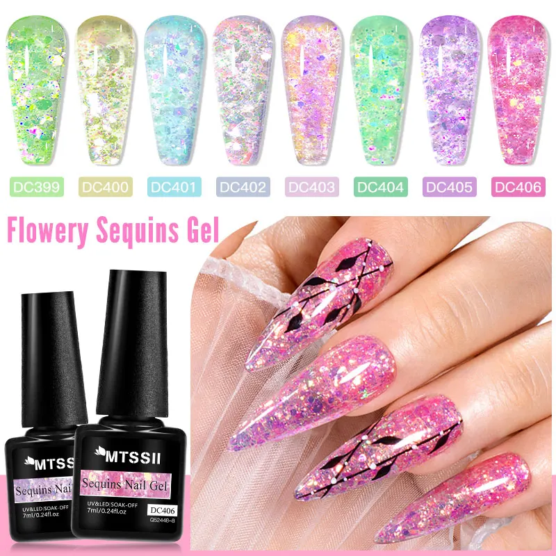 MTSSII 7ml Flowery Glitter Sequins Gel Nail Polish Shiny Sparkling Color Semi Permanant Soak Off Manicure Nail Art Varnish