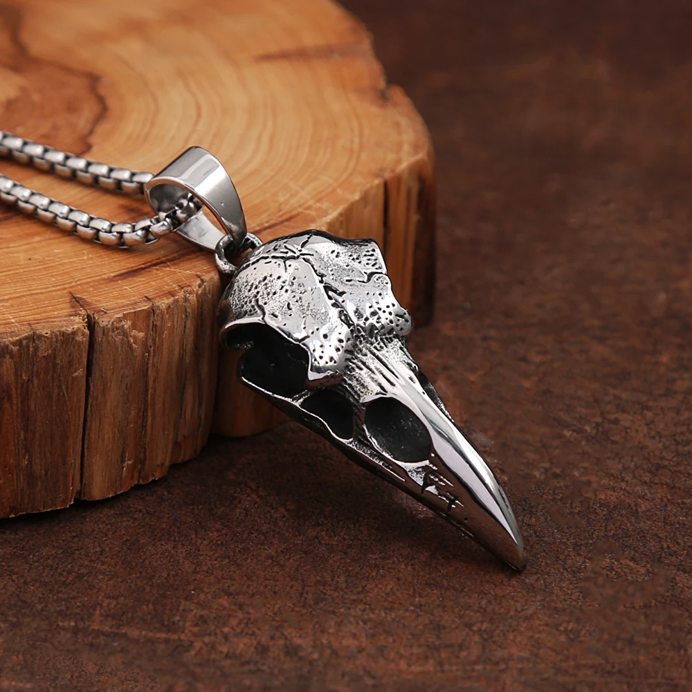 Punk Vintage Viking Crow Head Bird Skull Pendant For Men Stainless Steel Animal Chain Necklaces Fashion Jewelry Gifts Wholesale