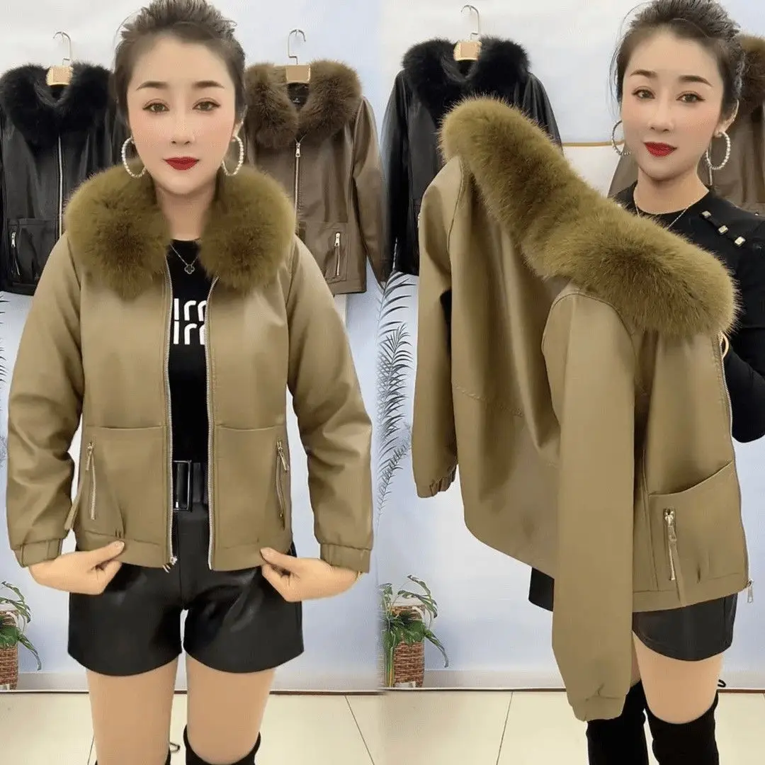 Winter Women Fleece-Lined Thick Leather Jacket Women Winter Zipper Loose Faux Fur Collar High-End PU Leather Coats Black Jacket