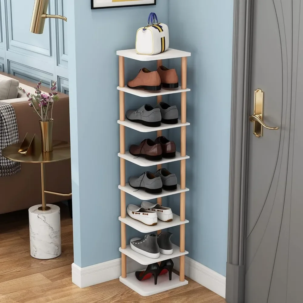 

Vertical Shoe Rack, Narrow Organizer, Stylish Wooden Shoe Storage Stand, Space Saving Shelf Tower