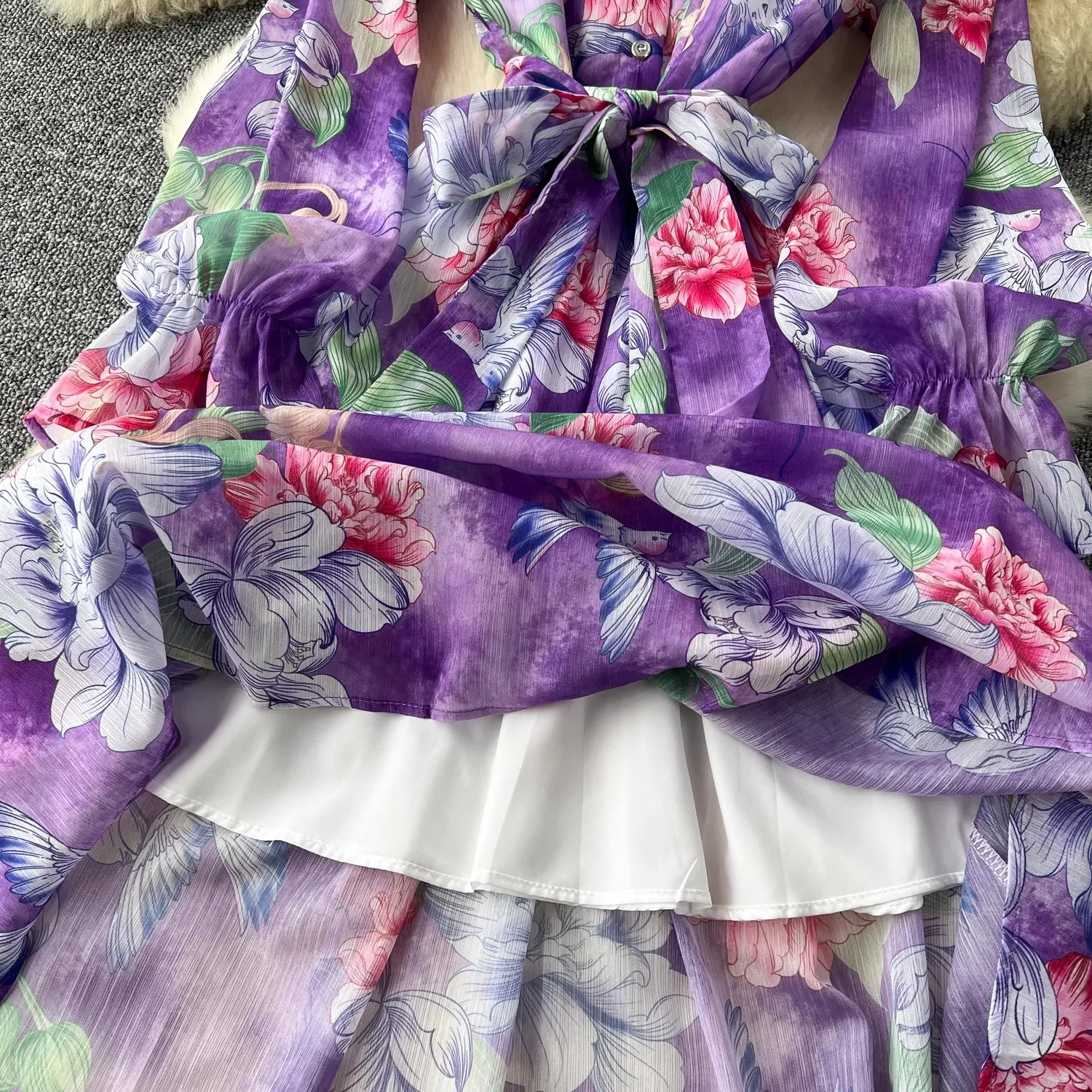 Damska sukienka na co dzień z koszula Midi z długim rękawem nowa projektantka fioletowym kwiatem z nadrukiem w stylu Streetwear z szyfonu