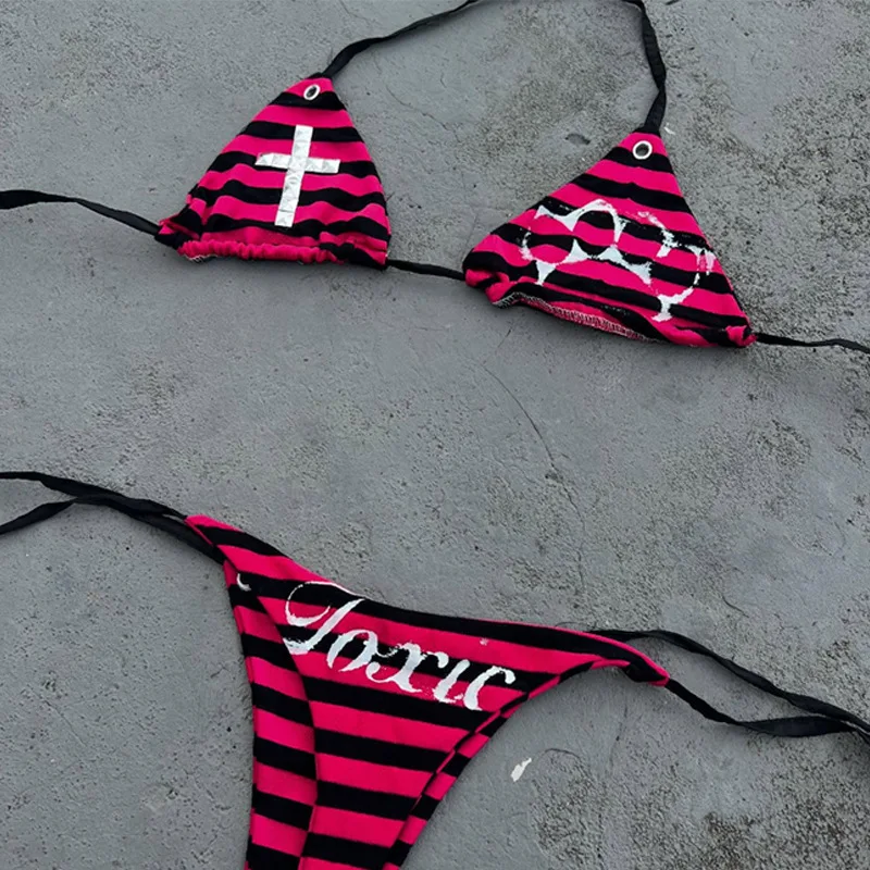 

2026 New Summer Red Striped Kitten Print Halter Swimsuit Women Sexy Fashionable Slim Fit Cross Border Bathing Suit