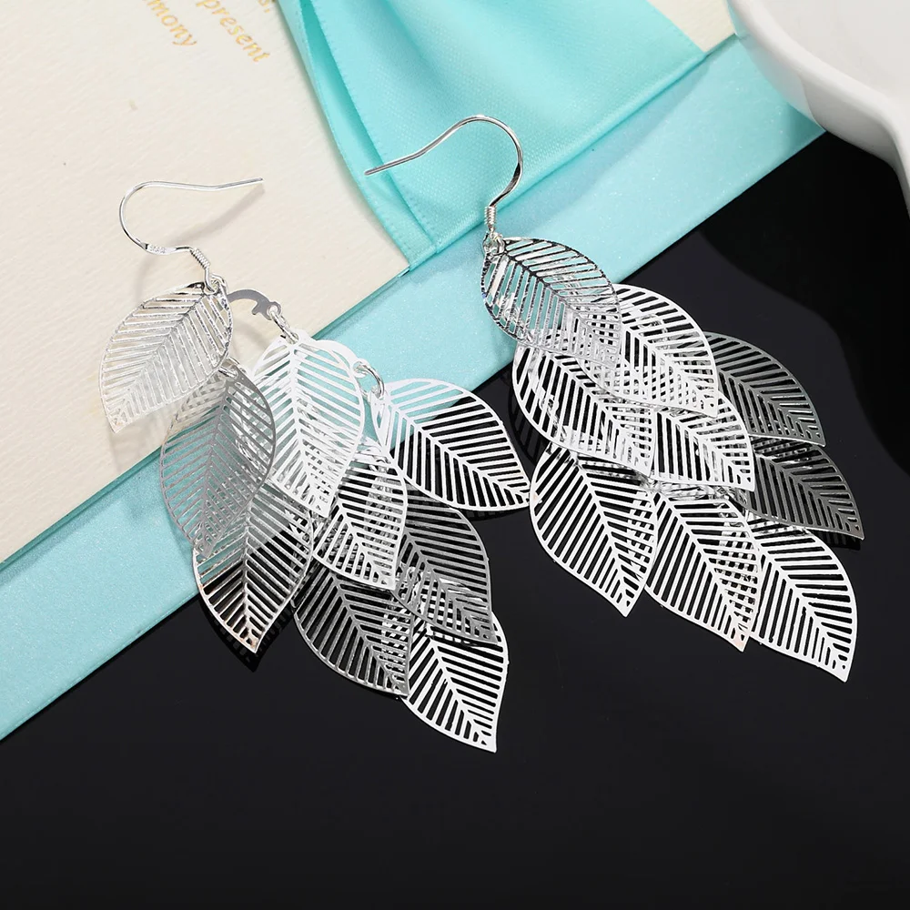 

Fine Charm 925 Sterling Silver Jewelry High Quality Fashion Woman Earring Retro Hollow Maple Leaf Exaggerated Long Tassel