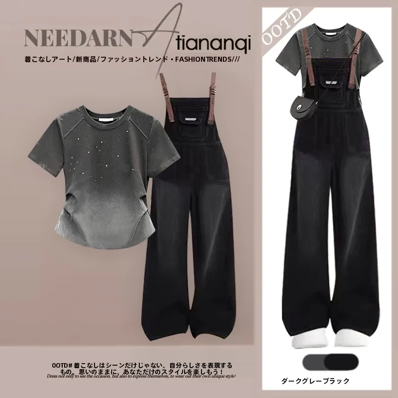 Summer Casual Women's Outfit Short Sleeve T-Shirt And Retro Slimming Denim Overalls Two-Piece Set Design Sensation Gradient