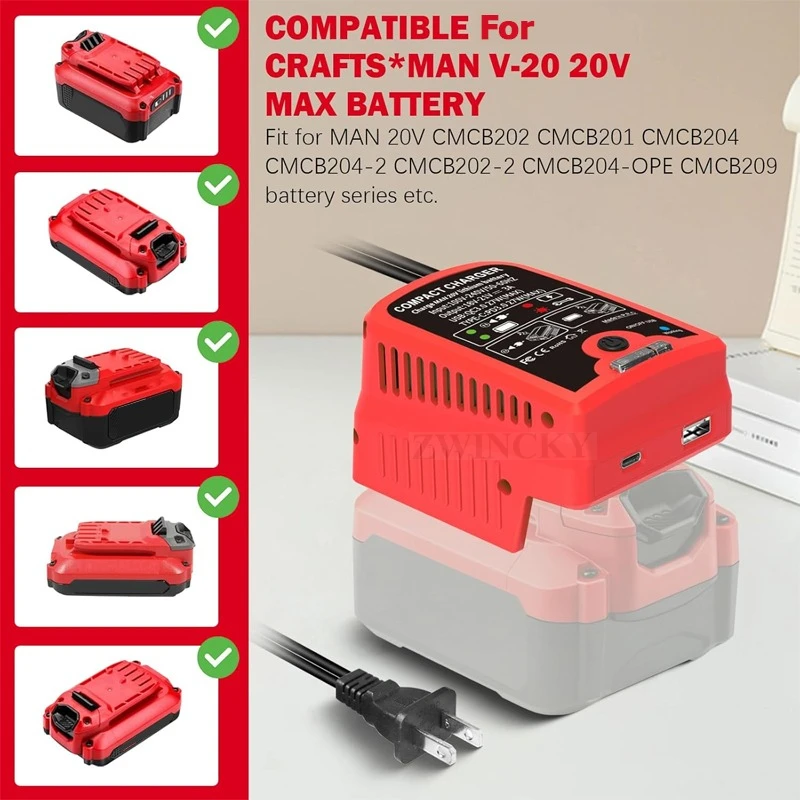 

Fast Charger for Craftsman 20V V20 CMCB204 CMCB202 CMCB201 CMCB209 Battery with USB and Type-C Output 110V 3A with Music Charger