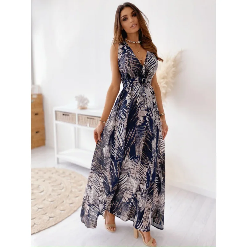 Sommer Damen Elegantes Kleid Open Back Sexy Bedruckte Split Spitze A-Linie Strandkleid Einzigartige Blumenmode Vintage Urlaub Langes Dre