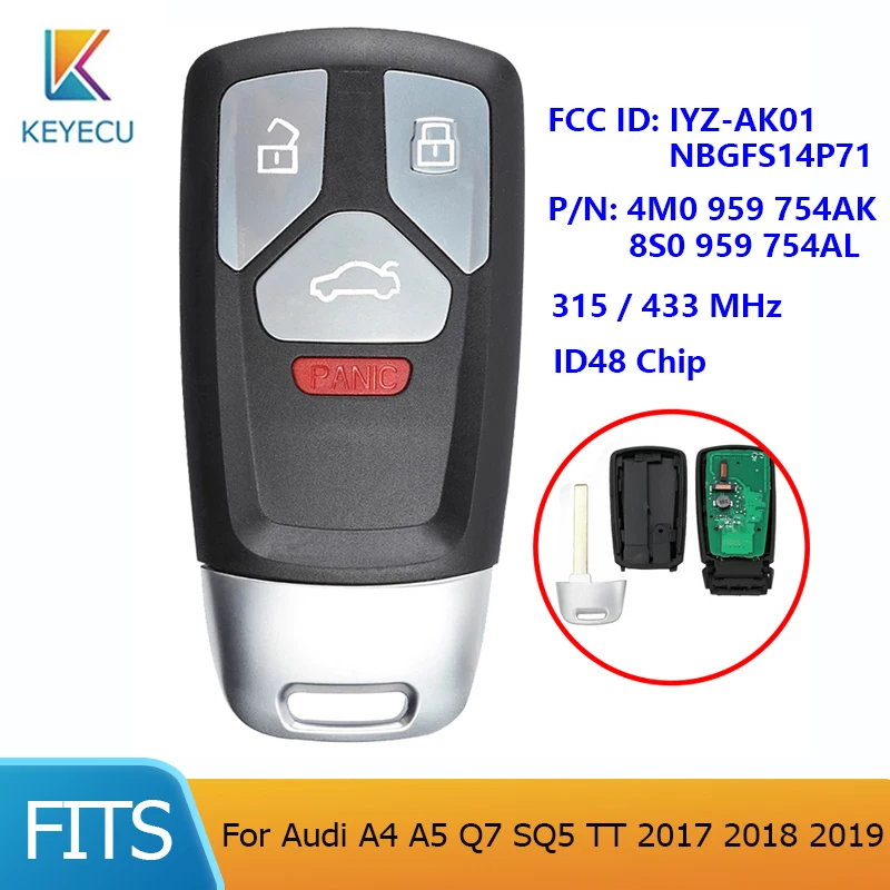 

KEYECU FCC ID: IYZ-AK01/NBGFS14P71 for Audi A4 A5 Q7 SQ5 TT 2017 2018 2019 Smart Remote Car Key Fob 3 Buttons 315 / 433MHz