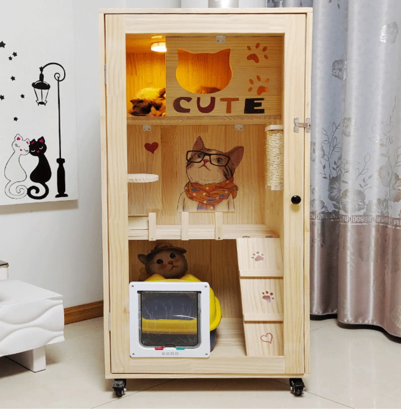 

House Cage Wooden Cat House Nest Cabinet House Cat Villa Home Bring out the Entry Breeding Cage Display