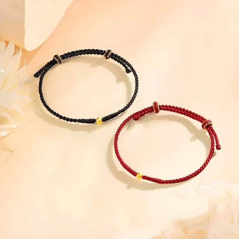 LABB Real 18K Gold Couple Bracelet Au750 Men's and Women's Small Gold Beads Woven Red and Black Hand Rope Boutique Jewelry Gift