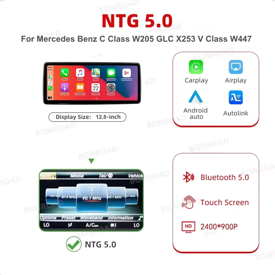 12,8'' Touchscreen draadloze CarPlay Android Auto autoradio voor Mercedes Benz A C Klasse W176 X156 C117 GLA CLA W205 GLC X253 W447