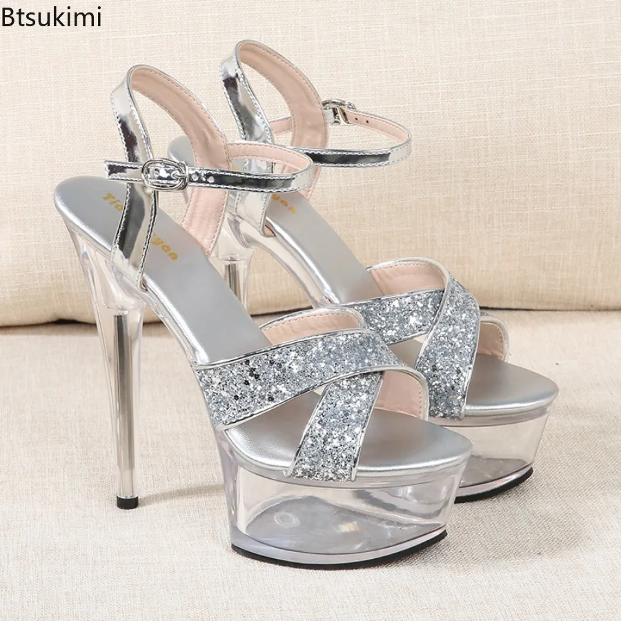 Crystal Glitter High-Heeled Platform Sandals for Women Non-Slip Transparent Wedding Party Shoes Model Stage Performance Footwear