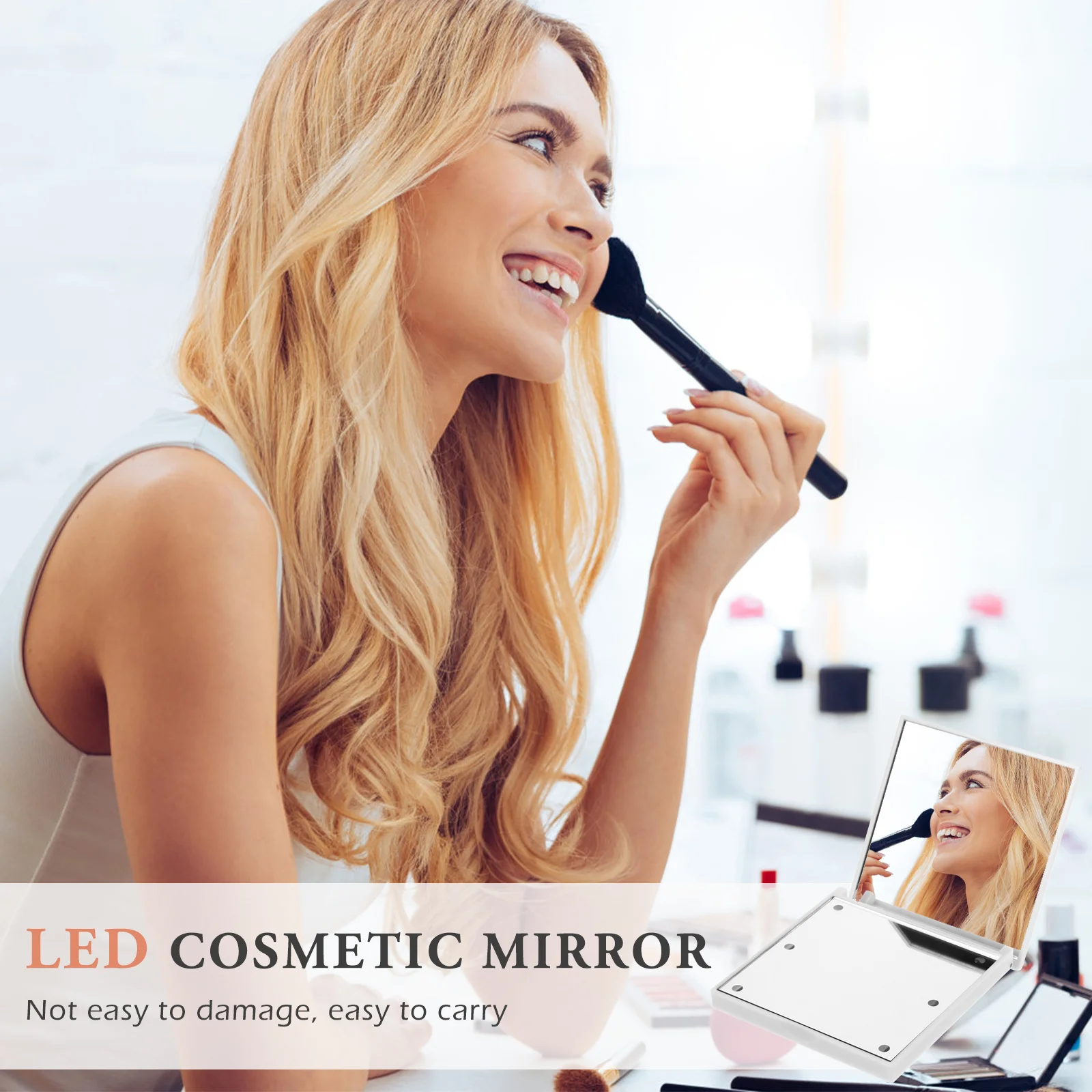 

LED Makeup Mirror Folding Portable Compact Tabletop Mirror Natural Light Brightness Adjustable for Makeup