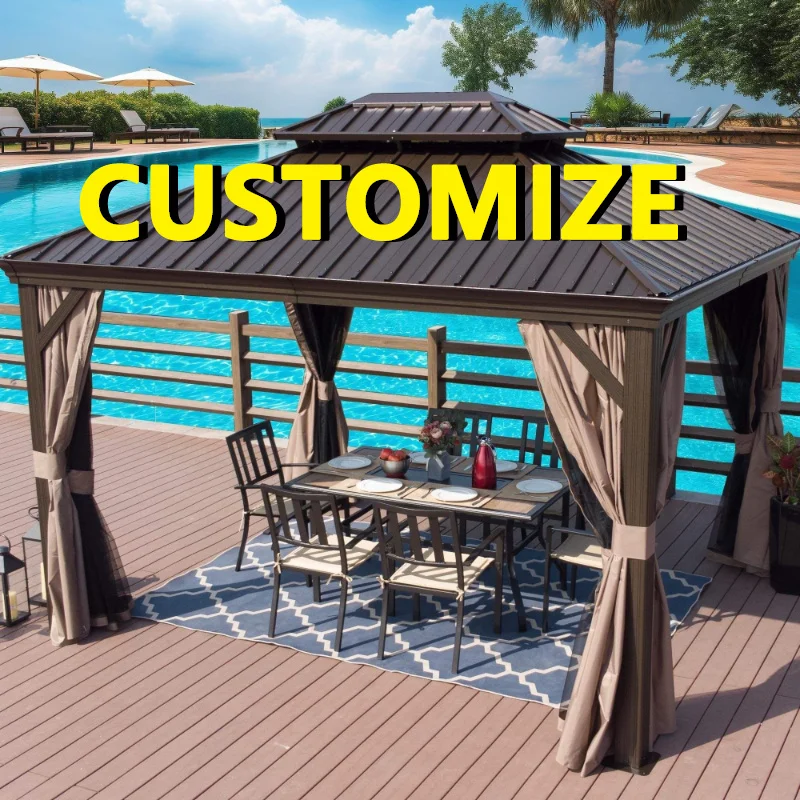 Any Size Custom App Controlled Retractable Pergola Wood Grain Transfer Full Aluminum Manor Outdoor Embedded Lamp Guest Structure