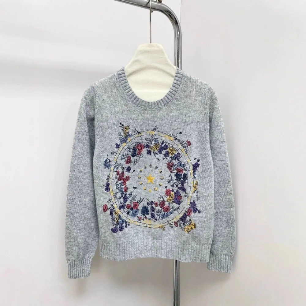 

Осенне-зимний новый тяжелый промышленный вязаный свитер с цветочной вышивкой созвездия, мягкий и роскошный вязаный свитер с круглым вырезом для женщин