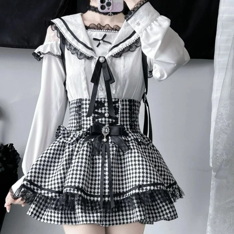 Camicia stile Lolita gotico giapponese Y2k Donna Kawaii Lace Ruffles Colletto alla marinara Fiocco Camicetta sottile Top 2025 New Fashion Blusas Femme