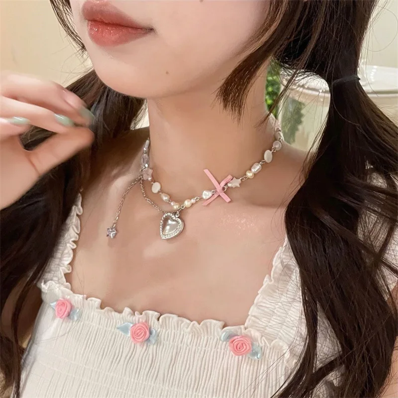 Sweet Heart Pendant Choker Necklace Gothic Bow Pearl Necklace Star Tassel Clavicle Chain For Girls Y2K Aesthetic Jewelry