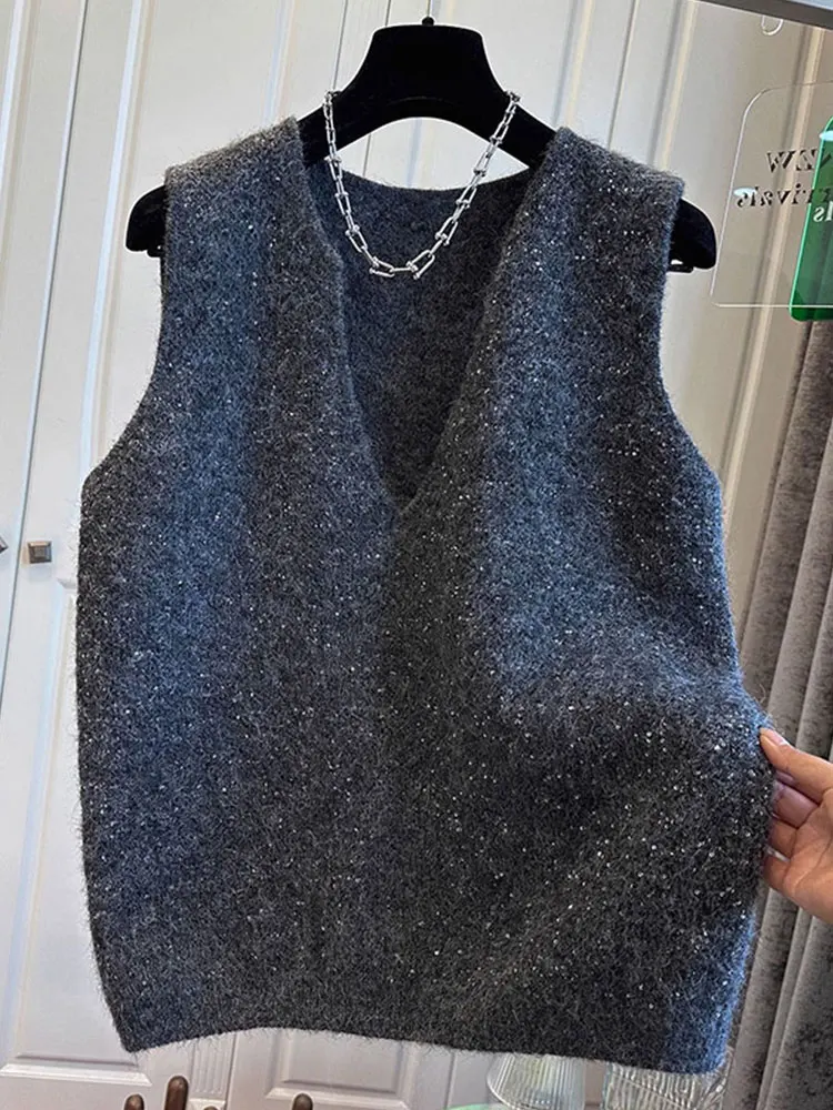 

Casual V-Ne Sweater Vest Knitted Top Svel Design Sensation Faionable Euro Sle Autumn Wear Comfortable Pure Color