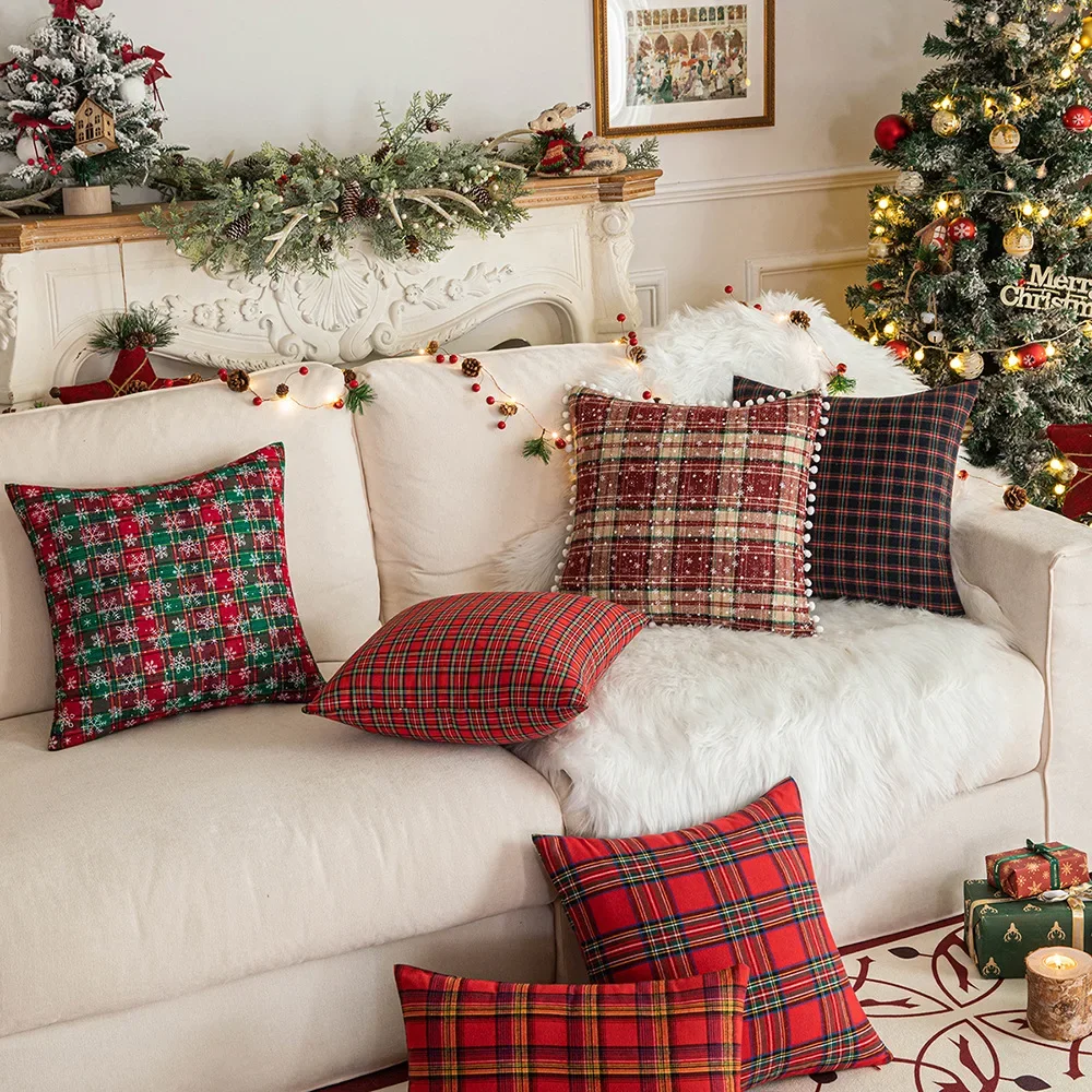 Christmas Plaid Cushion Cover Fiber Decorative Pillows for Sofa Bed Living Classic Green Red Throw Pillow Cover Home Decor Gift