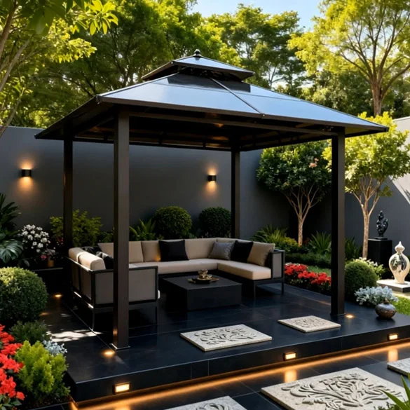 All Weather Enclosed Double Layer Aluminum Gazebo Custom Typhoon Resistant Electric Roof With Built In LED Light Strips