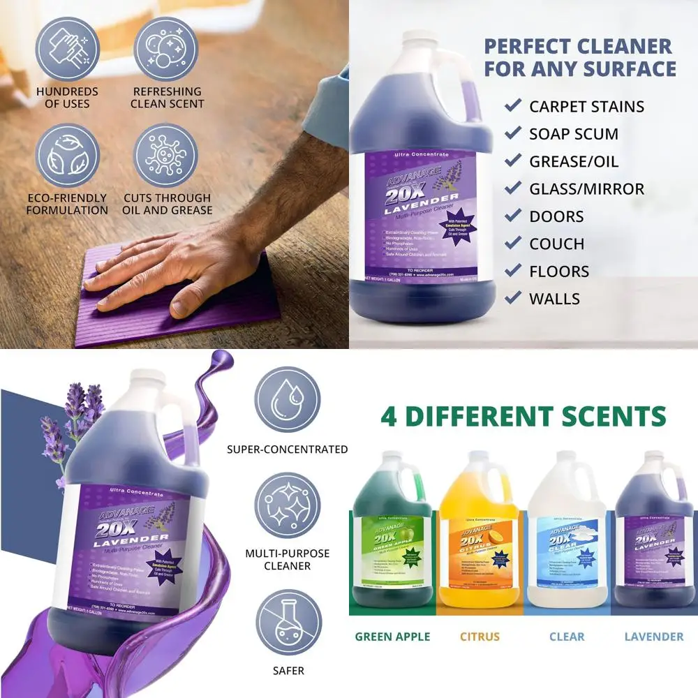 

Концентрат универсального чистящего средства с ароматом лаванды - 20-кратное действие для домашних поверхностей, удаление масла и жира, 128 унций