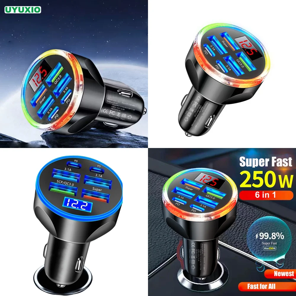 Multi Port USB C Car Charger with Voltmeter 2 PD 4 USB A Super Fast Charge Adapter with Voltage Display for iPhone New Product
