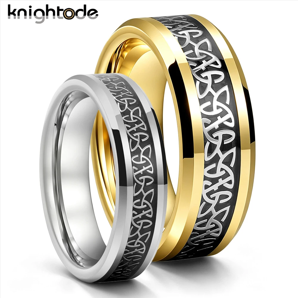Celtic Knot Tungsten Ring for Men And Women with Black Carbon Fiber Inlay Wedding Band Couple Rings Engagement Jewelry Gift