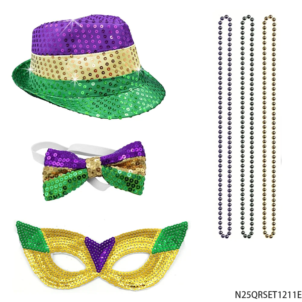 PESENAR Mardi Gras Conjunto de fantasia de lantejoulas Chapéu Máscara de gravata borboleta Colar de contas Acessório de festa