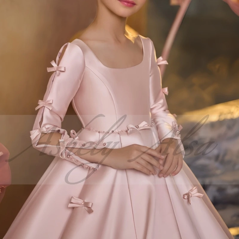 NA-FG06 Custom Made Pink Princess Flower Girl Dress Long Sleeve Satin Puffy Skirt Bow Kids Birthday Party Dress First Communion