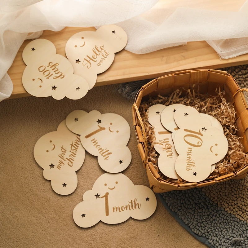 Spanish Alphabet Baby  Wooden Milestone Number Month Memorial Cards Items Cute Cloud Shape Newborn Photography Accessories Props