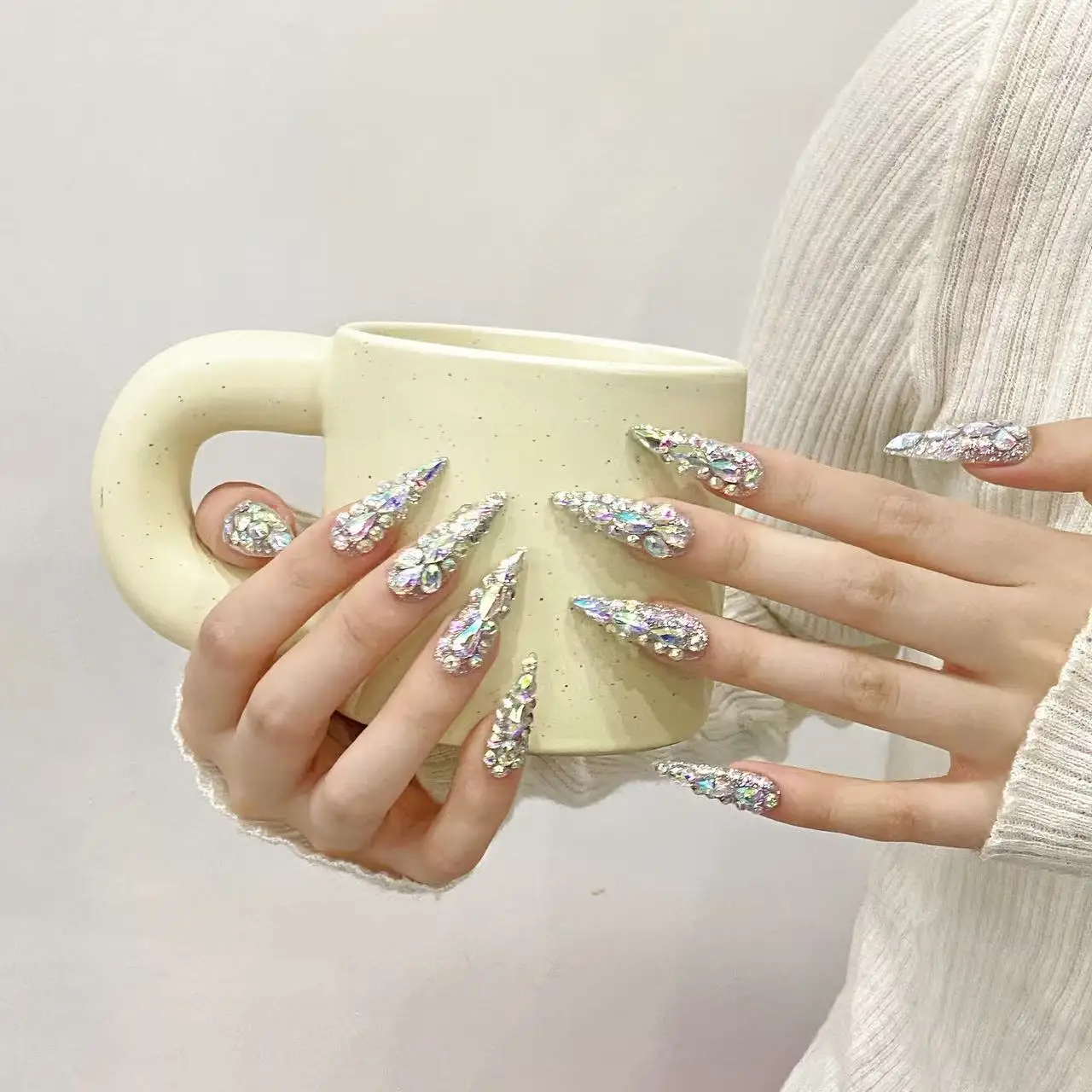 10pcs High-end All diamonds are shining brightly handmade fake nails, Holiday, travel, party and vacation ladies' nail