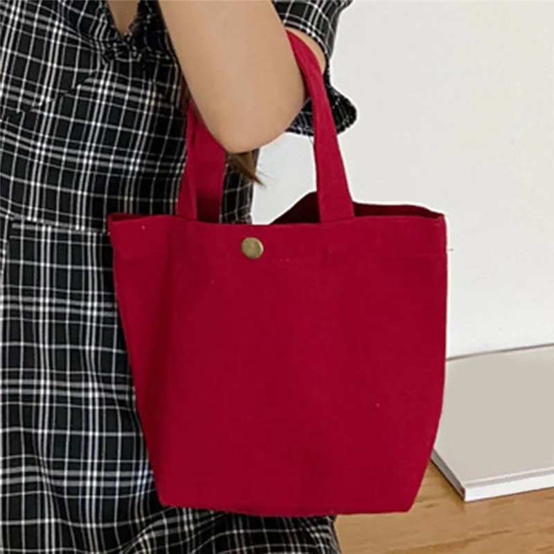 Simple Canvas Bag Women Shoulder Bags Foldable Picnic Pouch Small Tote Black Shopper Large Capacity Student Lunch Box