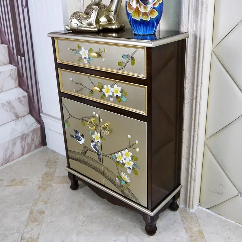 !@Chinese Painted Gold and Silver Foil Bucket Cabinet, Solid Wood Entrance Partition Cabinet