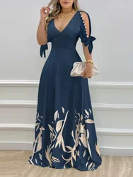 Elegant Women's Dresses Summer Fashion Split Sleeve Pearls Decor Plants Print Split Sleeve Casual V-Neck Half Sleeve Maxi Dress