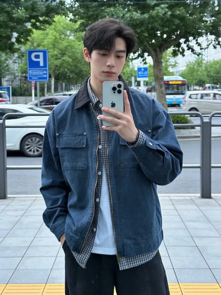 

Cobalt Blue Cotton Workwear Jaet Men's Sle American Retro Detroit Denim Coat Outerwear Long Sve Zipper Closure Casual