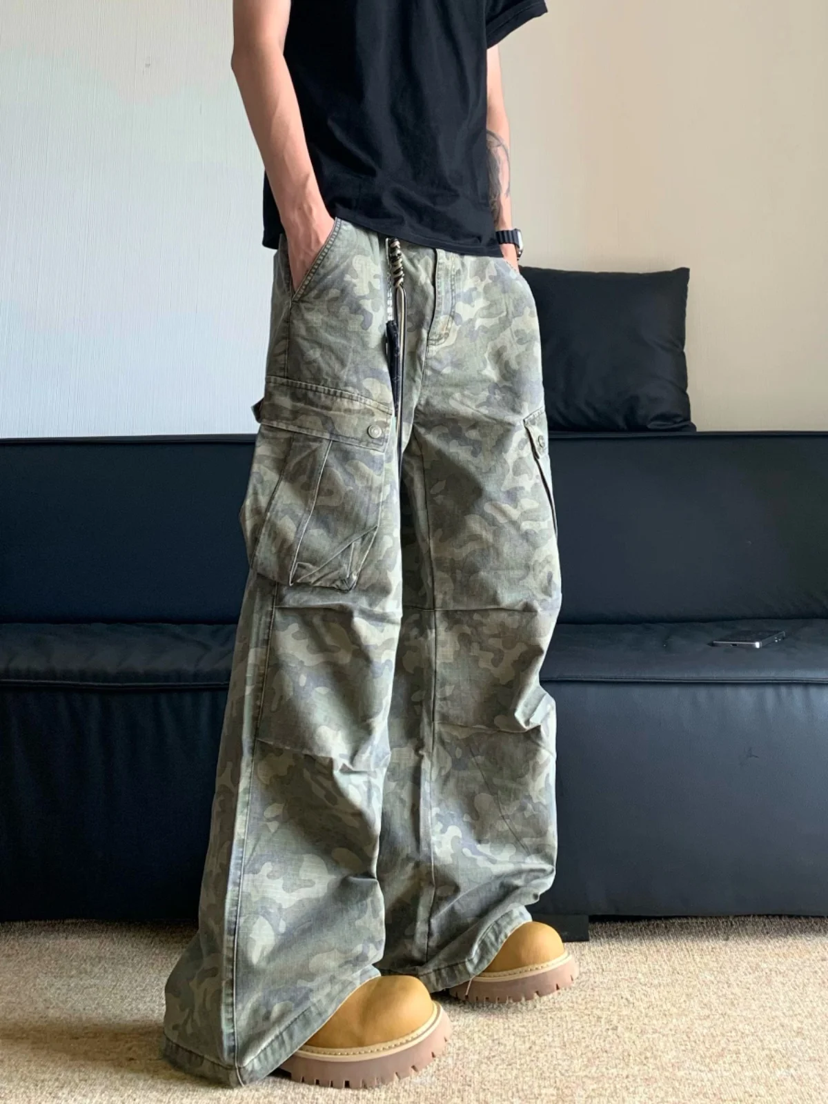 

American Sle Men's Casual Camouflage Work Pants Autumn Winter Loose Straight Leg Long Trousers Durable Wear Resistant Jeans