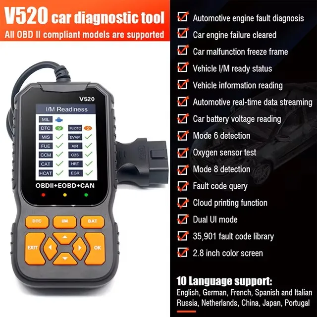 V520 سيارة متعددة اللغات كاملة obd2 خطأ كاشف البيانات السيارات قارئ رمز المهنية obd2 الماسح الضوئي اكسسوارات السيارات #1
