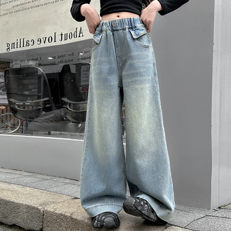 

Junior Girls Denim Pant Autumn Loose Mid Waist Teenager Girls Straight Leg Pant Button Pocket Full Length Children Girl Trouser