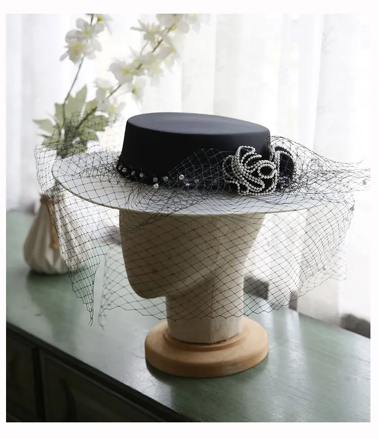 Accessori da sposa nero con cappello in raso bianco con perle perline elegante Chic tocado boda invitada Chapeau ceremonie mariage