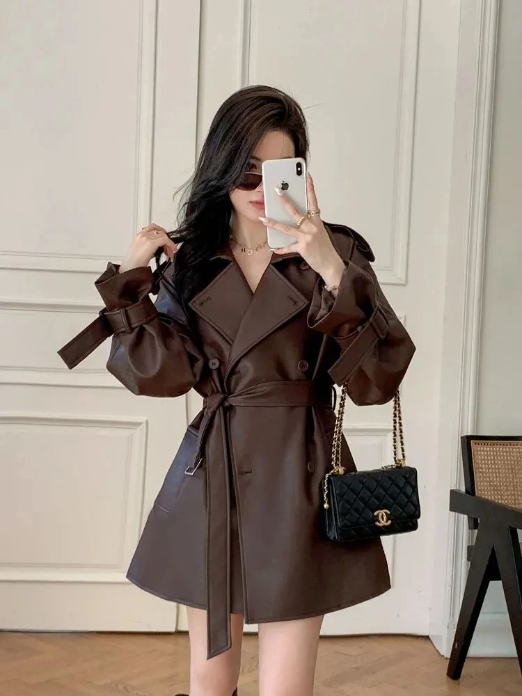 Vintage Faux Leather Trench Jacket Women Notched Lapel Double Breasted Self Belt Waist Cuff Strap Mid Length Loose Wind Coat