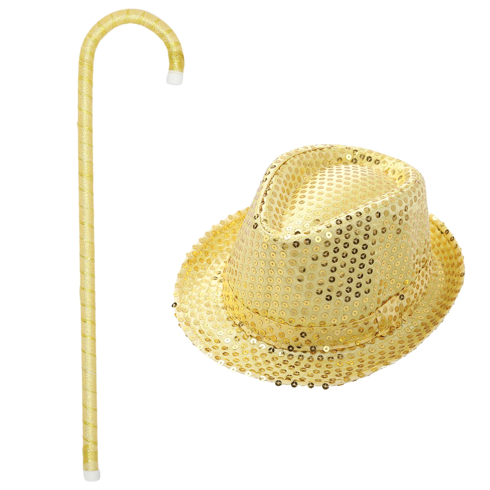 Kids Shiny Sequin Jazz Hat Halloween Dance Props And 50cm Dance Cane Crutch Walking Stick for Unisex Boys Girls