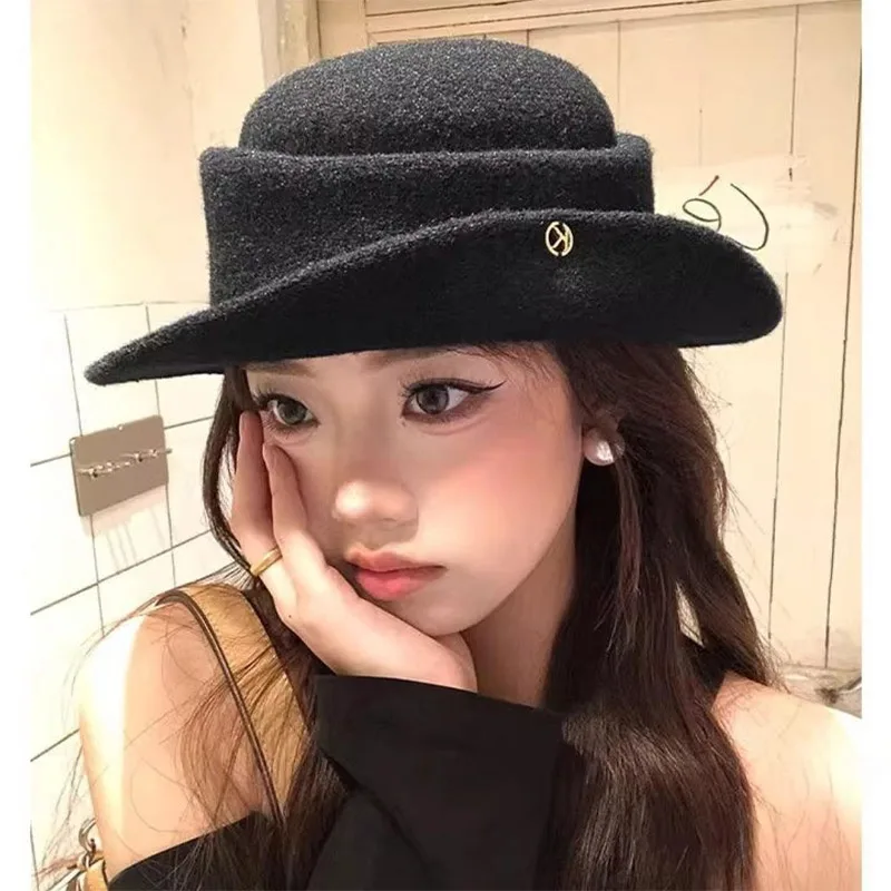 Women French Elegant Black Beige Woolen Top Hat Winter Autumn Outdoor Retro Luxury Ceremony Designer Fisherman Hats Fashion Gift