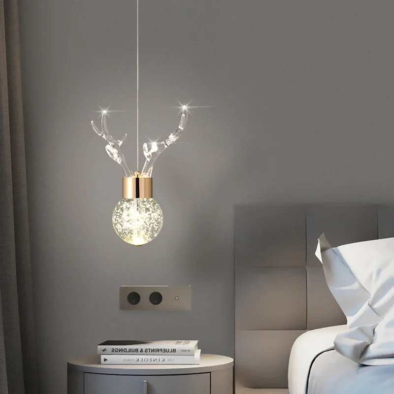 FKL Nordic Crystal Small Chandelier For Bedroom Bedside dining room creative antler simple bar table long hanging line lamp