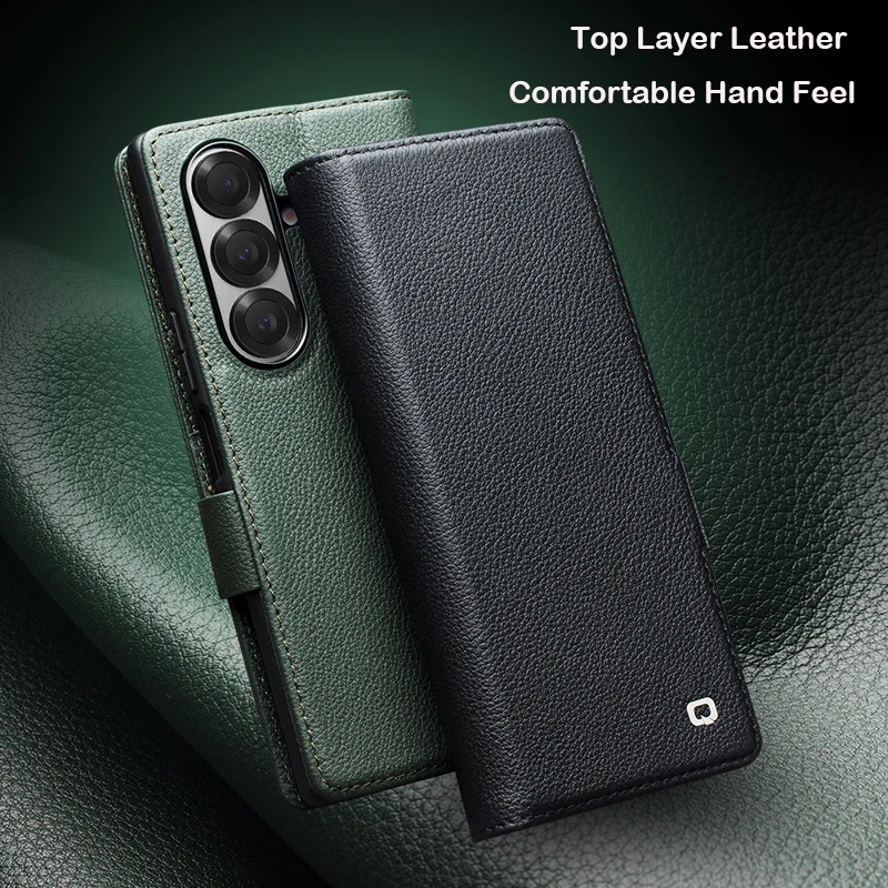 

QIALINO Case for Samsung Fold 7 Slim Card Slot Holder Holster Genuine Leather Sleeve Bracket Corner Protection Cover with Magnet